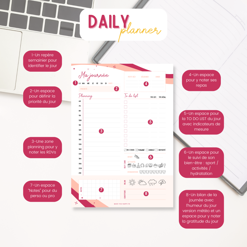 daily planner, papeterie pour organiser et planifier ses journées