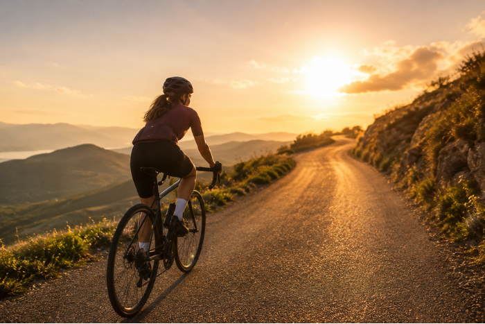 femme à vélo en montagne illustrant la métaphore de la motivation pour atteindre ses objectifs